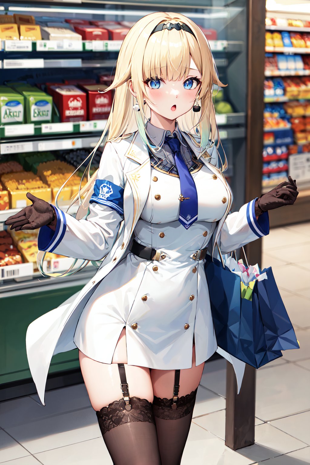 masterpiece, best quality, highres, aaema, long hair, gradient hair, hairband, earrings, blue necktie, collared shirt, white dress, white coat, armband, long sleeves, black gloves, black belt, garter straps, black thighhighs, <lora:aizawa_ema_v1:0.7>, supermarket, :o, shopping bag, 