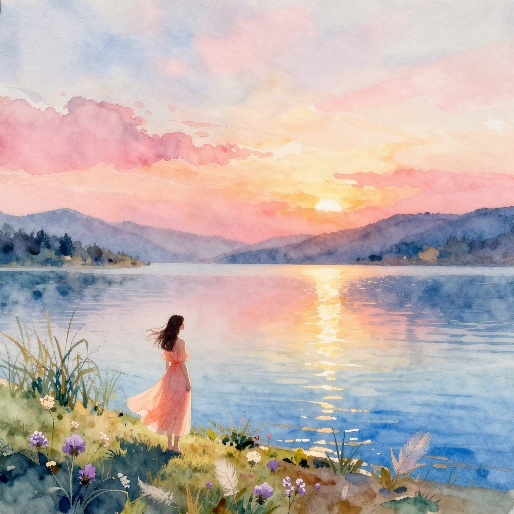 A hybrid photographic-watercolor landscape of a solitary lady in a flowing peach summer dress standing at the shoreline of...
