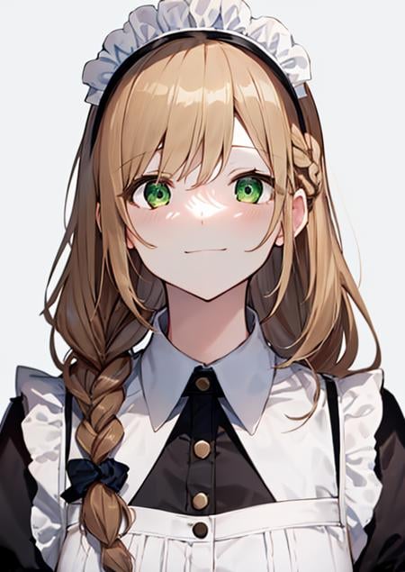 best quality, upper body, white background, portrait, from above, 1girl,  (solo:1.1),  <lora:loraH(DiffLoRA)_FaceShadowSwicher_v1_dim4:1.5>(mature female:1.1),  (flaxen brown hair, single braid:1.1) , long hair, hair scrunchie, green eyes, small breasts, , maid, calm, silent smile, maid headdress, 