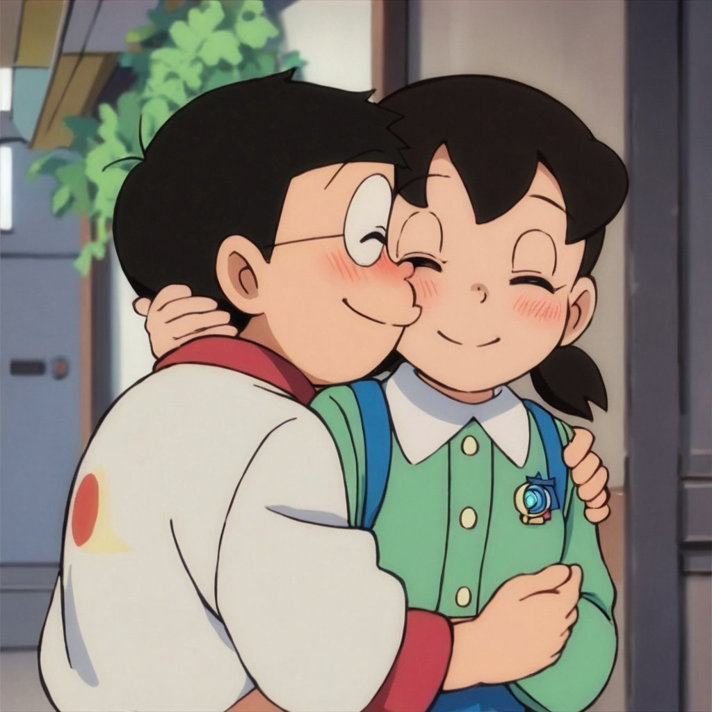 score_9, score_8_up, score_7_up, score_6_up, score_5_up, score_4_up, source_anime, (nobi nobita), (couple, hetero, 2person), 1girl, 1boy, hug, smile, blush, closed eyes, minamoto shizuka, low twintails, masterpiece, best quality, upper body,<lora:minamoto shizuka and nobita pony:0.8>