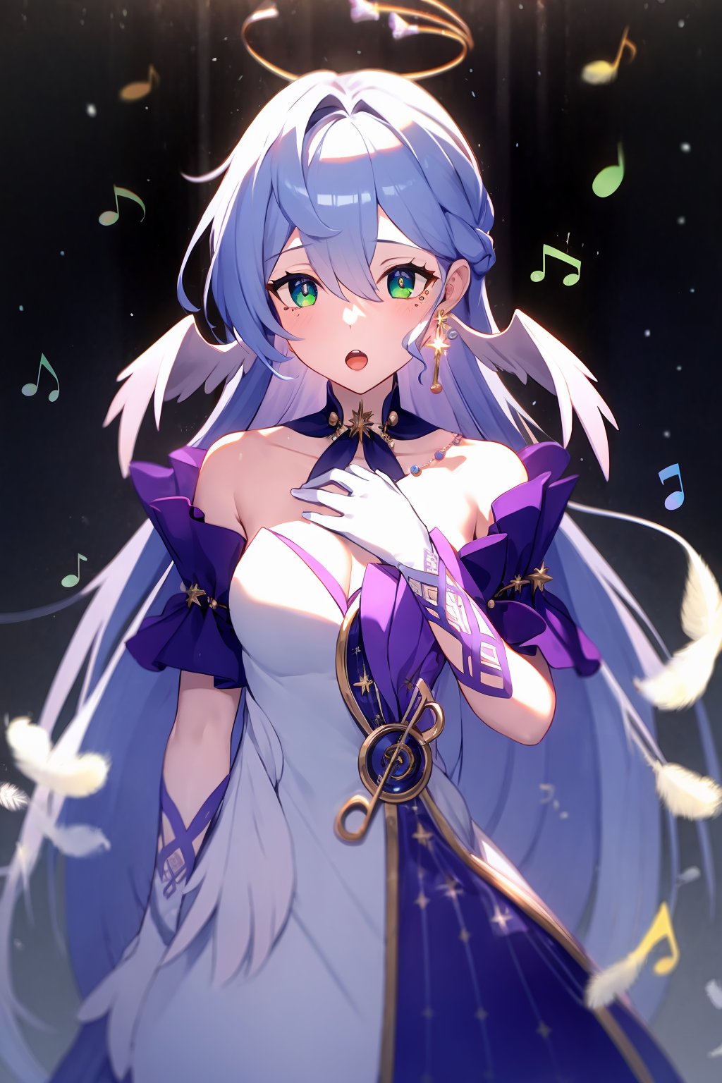 masterpiece, best quality,  <lora:robin:1>,1girl, music, solo, long hair, gloves, singing, dress, musical note, open mouth, blue hair, white gloves, green eyes, earrings, jewelry, feathers, bangs, hair between eyes, breasts, hand on own chest, white dress, halo, beamed eighth notes, short sleeves, very long hair, blue dress, quarter note, head wings