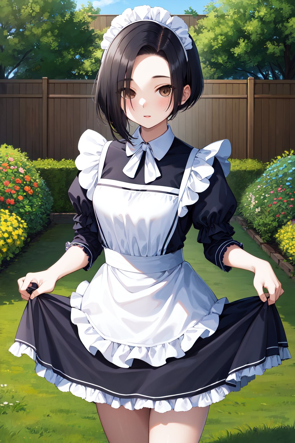 masterpiece, best quality, highres, aarinko, aarinko, short hair, black hair, bob cut, <lora:kobayakawa_rinko_v1:0.7>, maid, maid headdress, skirt hold, garden, standing, cowboy shot, 