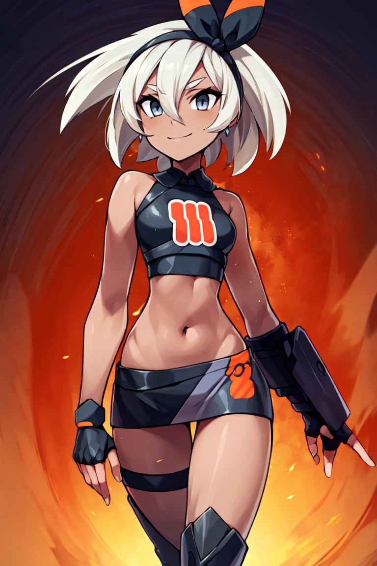 ((masterpiece, best quality)), anime style, <lora:Bea_Pokemon_v2:0.8>, bea (pokemon), dark-skinned female, hair between eyes, grey hair, short hair, grey eyes, solo, smile, looking at viewer, cowboy shot,,  shiny metal, body armor, breastplate, fingerless gloves, shoulder armor, gauntlets 