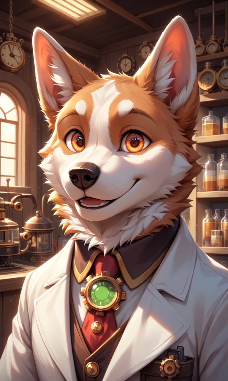 score_9, score_8_up, score_7_up, score_6_up, score_5_up, score_4_up, source_furry,BREAK,detailed face eyes and fur, 1boy, cute, solo, close-up portrait, dog wearing steampunk lab coat in a 19th century pharmacy shop interior, orange eyes, steampunk art, global illumination, pose, smile, high detailed, cinematic, complex background