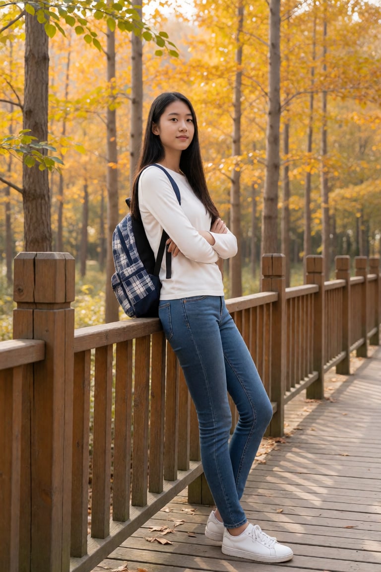 A photograph of an Asian woman with long,  straight black hair,  standing on a wooden bridge in a forest with autumn folia...