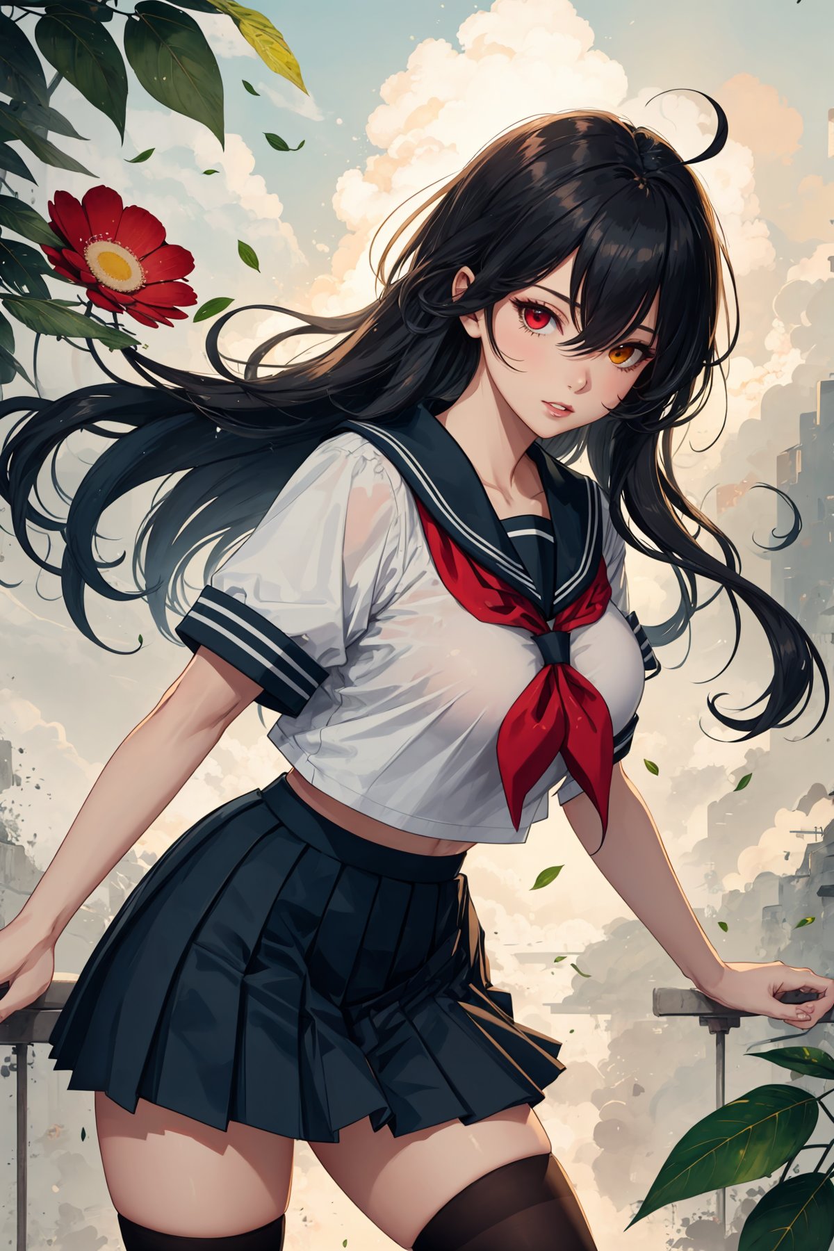 1girl, solo, mature face, mature female, erotic, parted lips, abstract, flower, leaf, whitework, black hair, ahoge, large firm breast, heterochromia, yellow and red eyes, glowing eyes, long hair, hair between eyes, sidelocks, hair flaps, school uniform, serafuku, sailor collar, neckerchief, pleated skirt, thighhighs, school, day, clouds, <lora:Ink scenery:0.8>