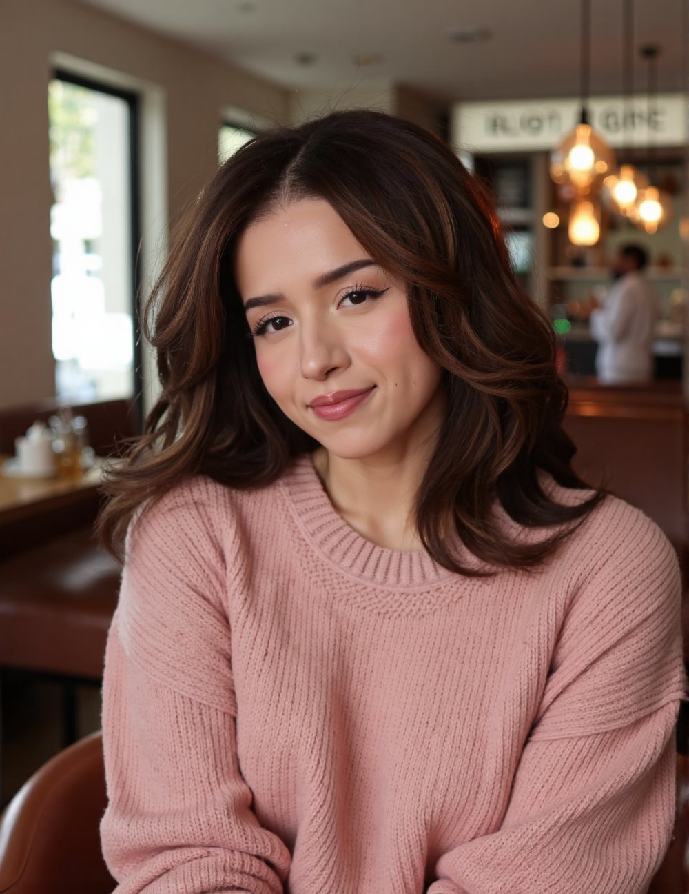 close-up headshot portrait shot on Fujifilm XT-50 of poki woman sitting in a cozy coffee shop wearing a heavy corded powde...