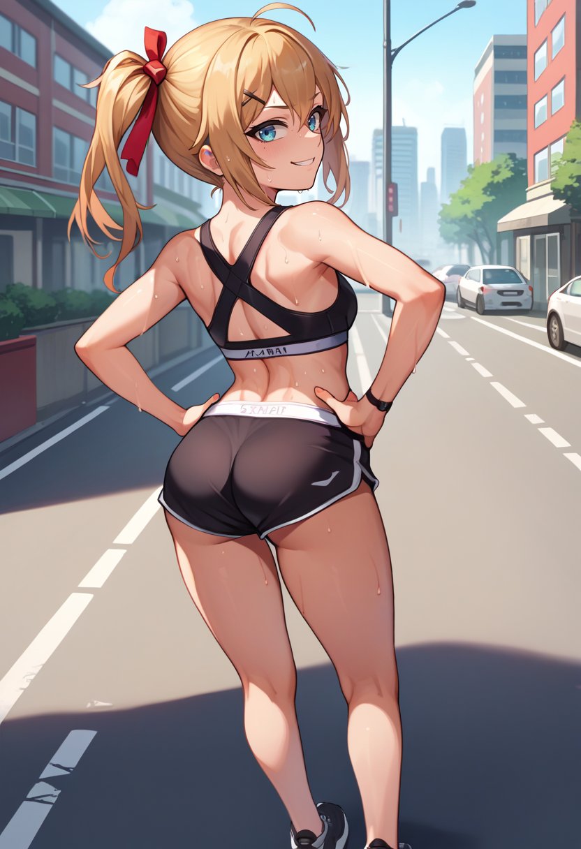 score_9, score_8_up, score_7_up, source_anime, from behind, solo, 1girl, gflkalina, sweat, smirk, looking back, hands on own hips, ahoge, side ponytail, x hair ornament, hair ribbon, red ribbon, hairclip, black sports bra, black shorts, short shorts, ass, outdoors, city street <lora:gfl_kalina_ponyXL:1>