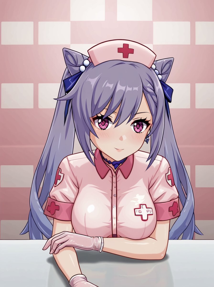 detailed background, shiny skin, <lora:gskeqing.pony:0.8>,gskeqing, large breasts,pink nurse costume, bent over, 