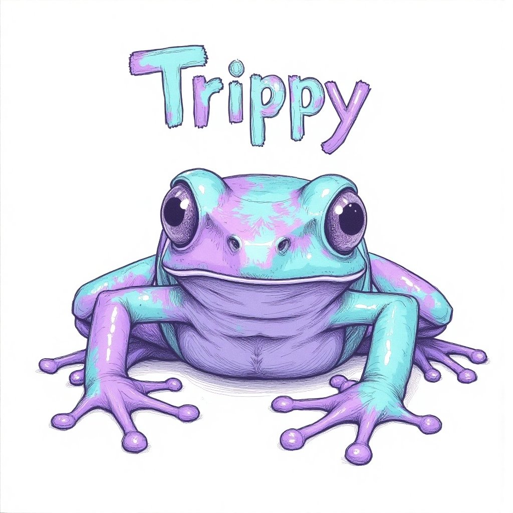 a color pop sketch of a poison dart frog with purple and teal color,  at the top it says "Trippy" in tie-dye colors by Ale...