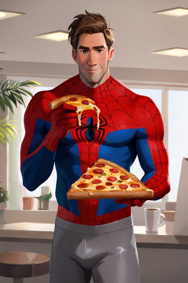 score_9, score_8_up, score_7_up, peterbparker, spideysuit, 1boy, solo, male focus, mature male, short hair, brown hair, brown eyes, thick eyebrows, facial hair, stubble, superhero, spider web print, red bodysuit, blue bodysuit, multicolored clothes, looking at viewer, smile, cowboy shot, food, holding pizza, pizza slice, grey pants, indoors, cafe <lora:Spider-Man (Peter B. Parker) v1.1 SDXL_LoRA_Pony Diffusion V6 XL:0.7> <lora:Smooth Anime 2 Style SDXL_LoRA_Pony Diffusion V6 XL:1>