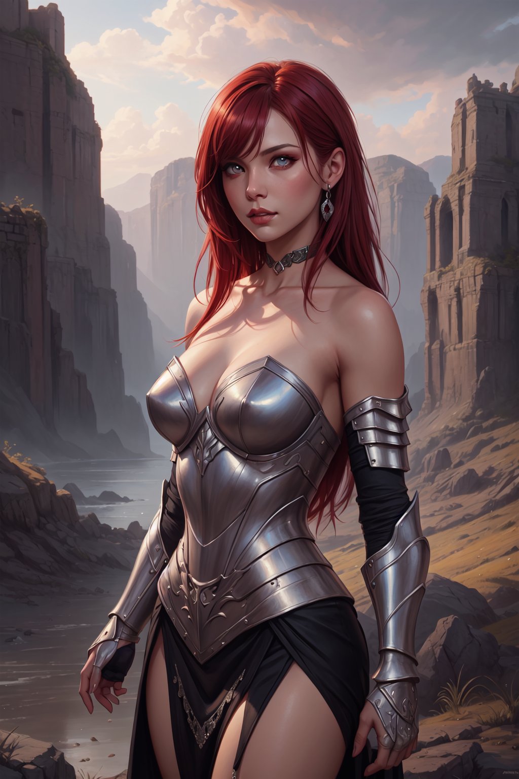 beautiful scarlet haired woman, wearing armored strapless crimson dress with silver details, makeup, detailed eyes, beautiful, long straight hair, bangs, jewelry, highly detailed, masterpiece, art by artgerm, by greg rutkowski, by ed blinkey, oil painting, vivid colors, outdoors, fantasy landscape