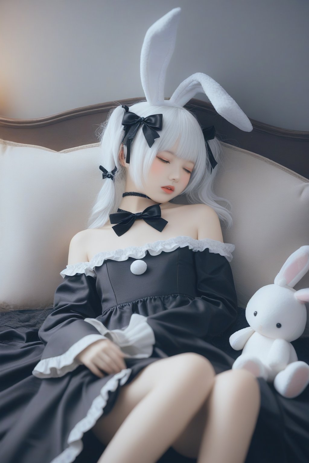 1girl, solo, stuffed bunny, closed eyes, animal ears, stuffed toy, stuffed animal, dress, rabbit ears, black dress, hair ornament, blush, pillow, lying, bow, sleeping, on back, parted lips, bangs, feet out of frame, twintails, frills, hair bow, choker, long sleeves, bandages, long hair, hairclip, x hair ornament, collarbone, bare shoulders, white hair, black choker, sleeveless dress