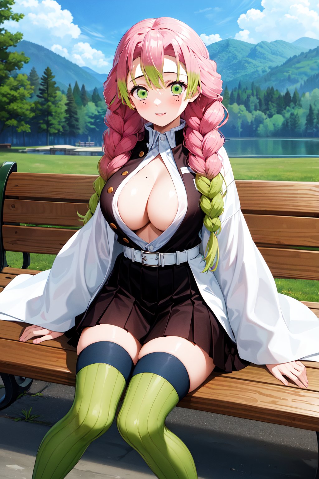 masterpiece, best quality, highres, aamitsuri, long hair, braid, multicolored hair, green eyes, mole under eye, large breasts, japanese clothes, cleavage, white jacket, haori, black shirt, open clothes, belt, pleated skirt, (black skirt:1.2), green thighhighs, ribbed legwear, <lora:kanroji_mitsuri_v1:0.7>, outdoors, sitting, bench,