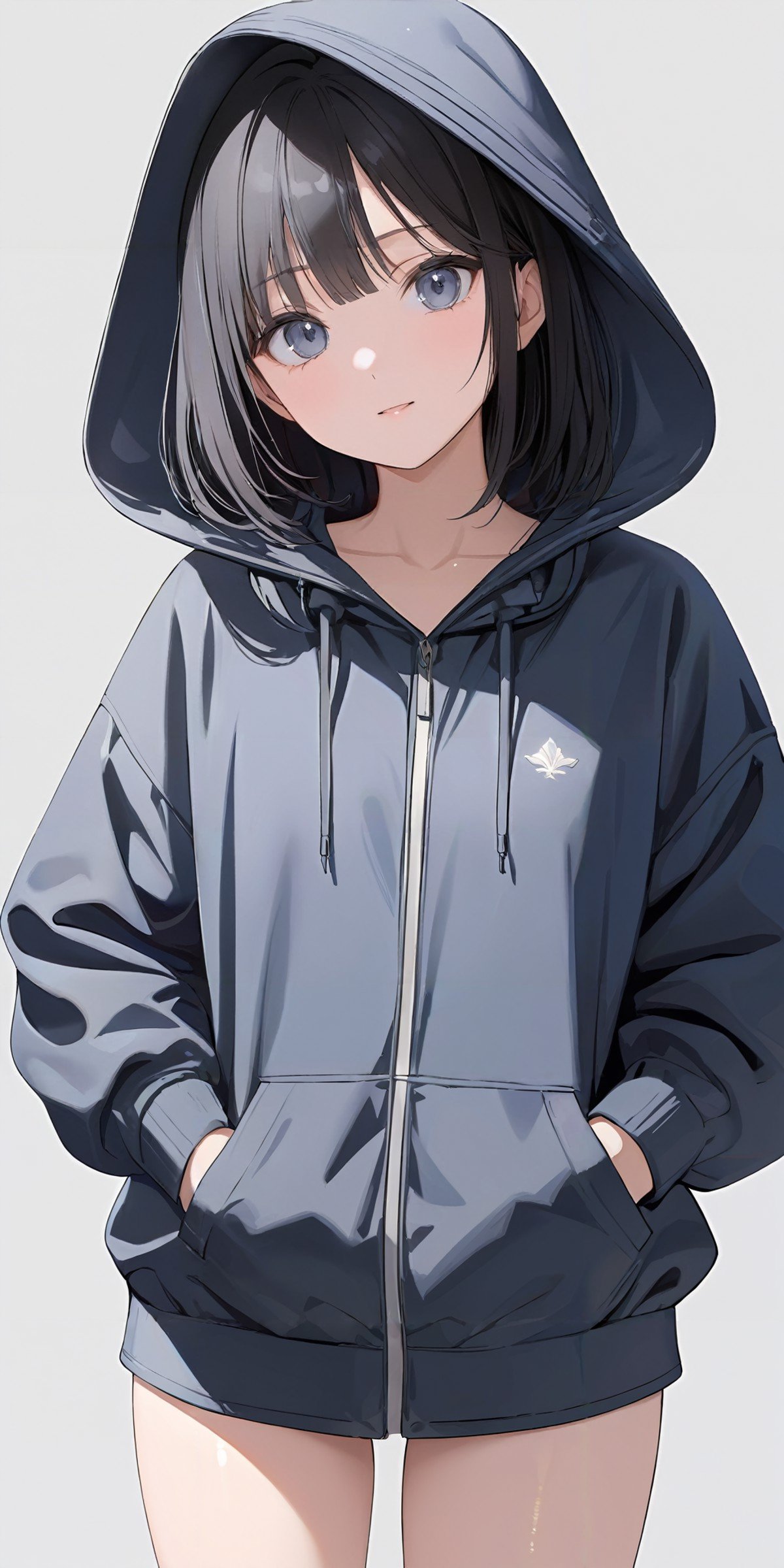 masterpiece,ultra-detailed,best quality,8K,illustration,cute face,clean skin ,shiny hair,girl,ultra-detailed-eyes,simple background, <lora:add-detail-xl:1> <lora:hoodie_XL_V1.0:1> jyojifuku, hoodie ,jacket,cowboy shot,thighs