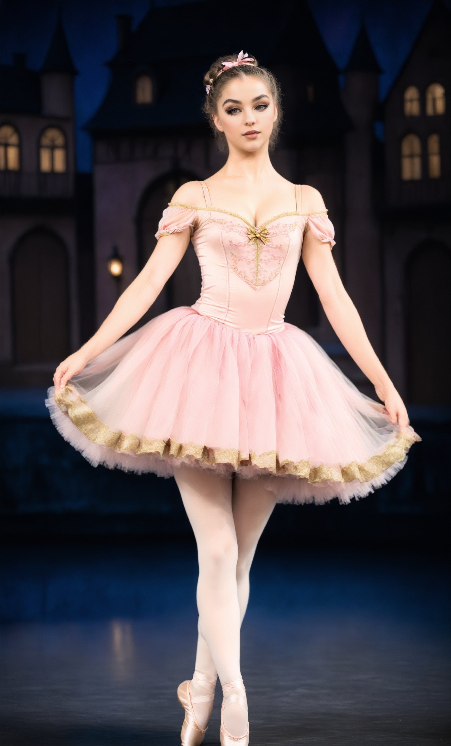 A dynamic full body establishing shot of ,  ((doll ringlet curl hairstyle with pink bow headpiece)) pink lace up pointe sh...