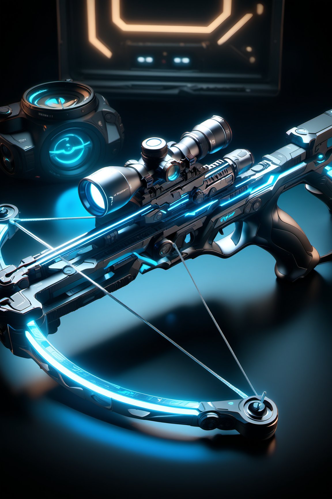 masterpiece, best quality, very aesthetic, absurdres, <lora:neoncrossbow:1> neon crossbow, scope