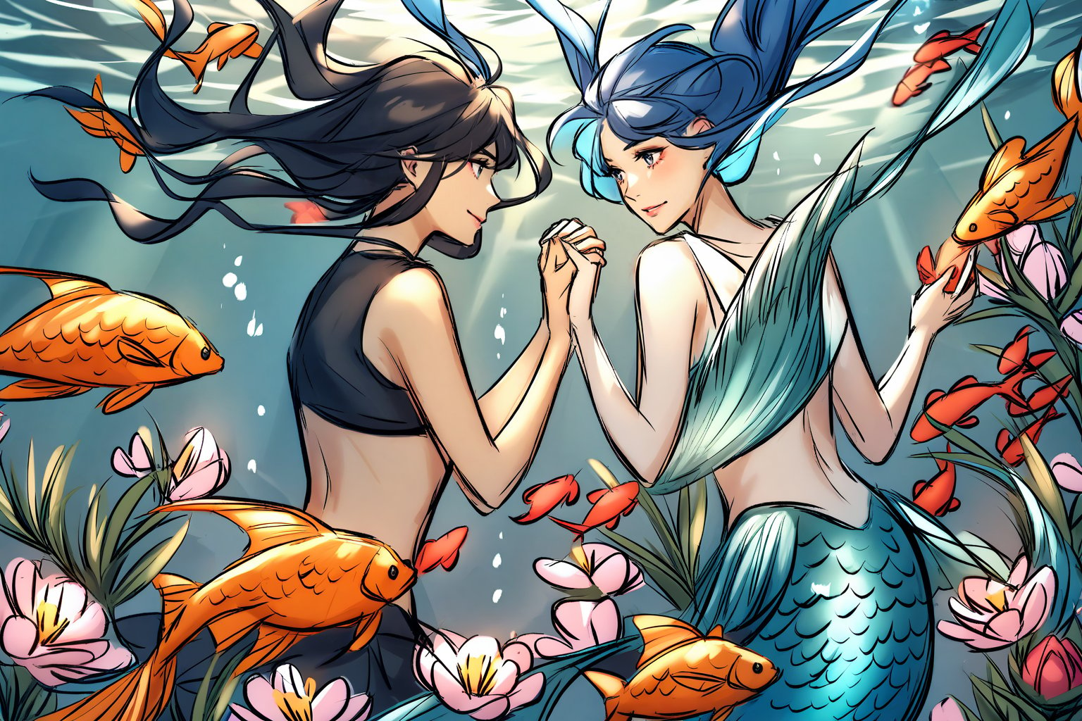 holding hands,flower,black hair,fish,long hair,mermaid,short hair,underwater,2girls,multiple girls,merman,blue hair,