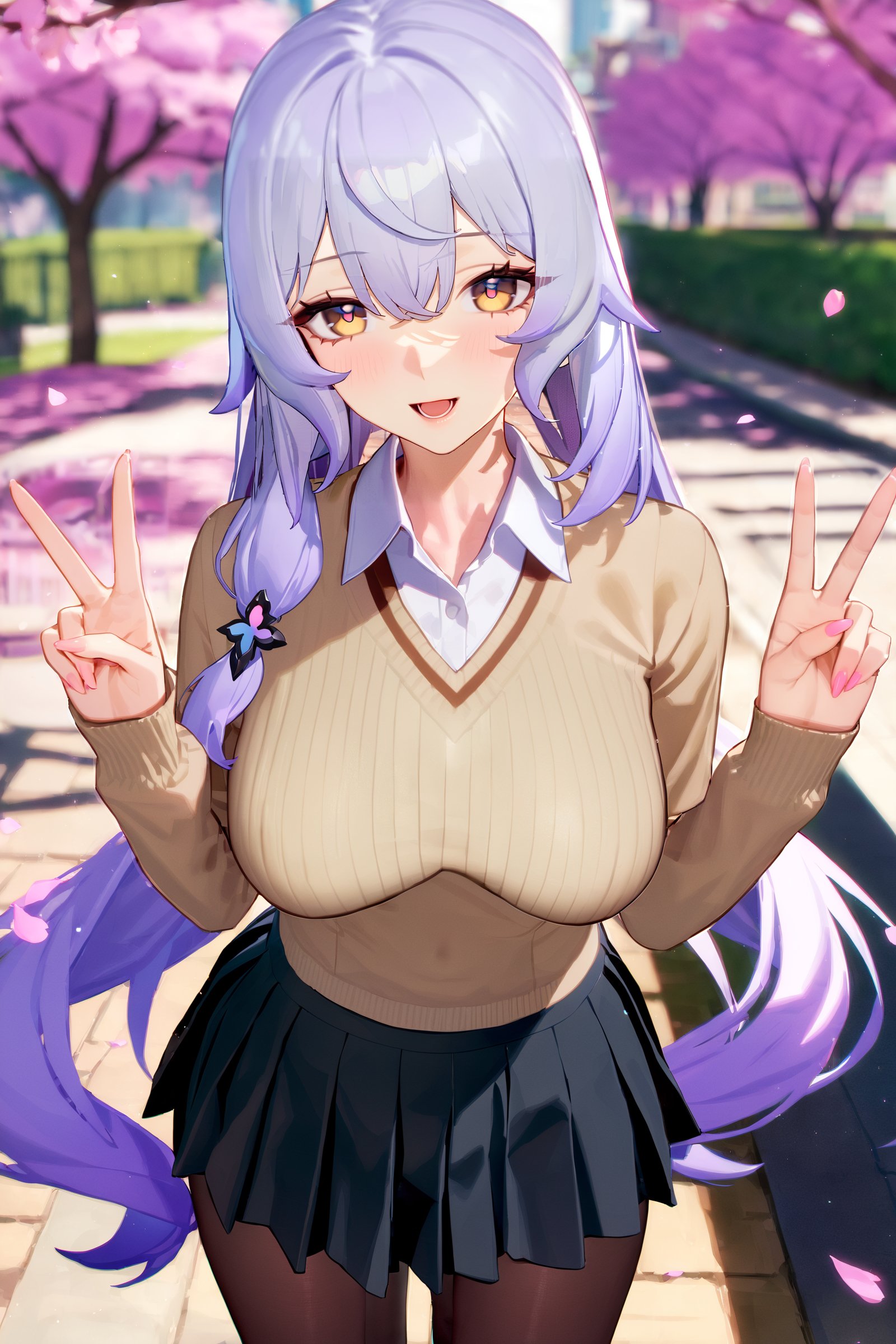 masterpiece, best quality, very aesthetic, ray tracing, newest,(hitenkei, askzy:0.5), 1girl, black swan \(honkai: star rail\), solo, school uniform, white shirt, sweater, pleated skirt, pantyhose, light smile, double v, looking at viewer, smile, open mouth, outdoors, street, cherry blossoms, petals, depth of field  <lora:quality1:0:hr=1>,  <lora:Char-HonkaiSR-BlackSwan-XL-V1:1>