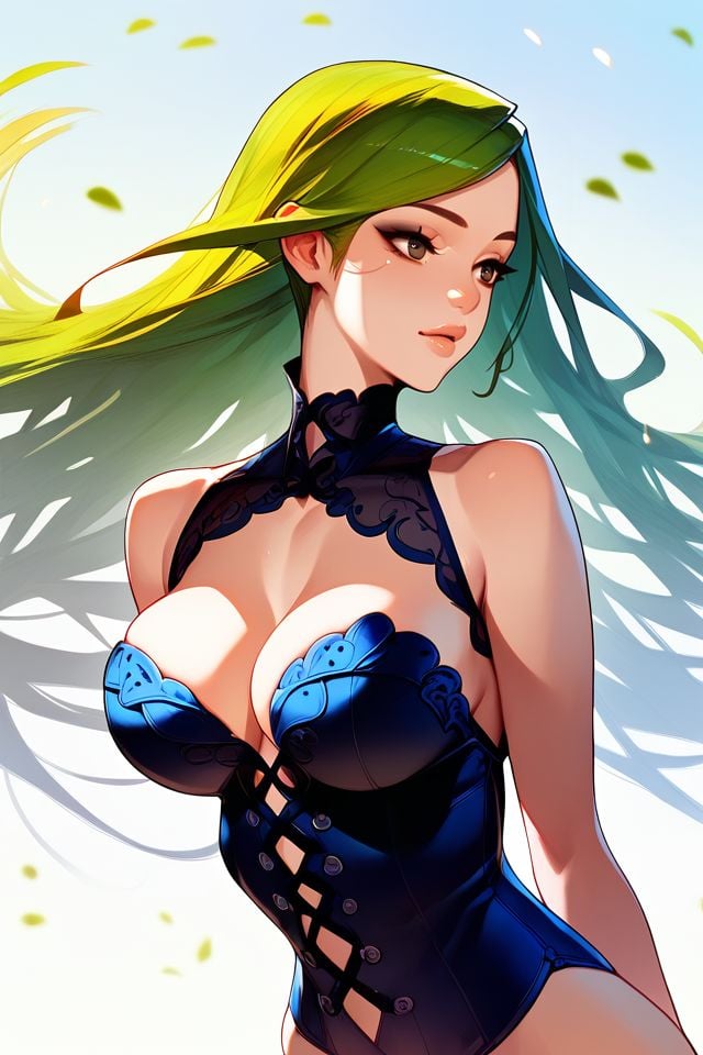 score_9, score_8_up, score_7_up, 1girl, :3, arms_behind_back, light_green hair, parted_bangs, dark_brown eyes, large breasts, bustier, beautiful background <lora:Ban!_(bansankan)_PonyXL_style_v01:1>