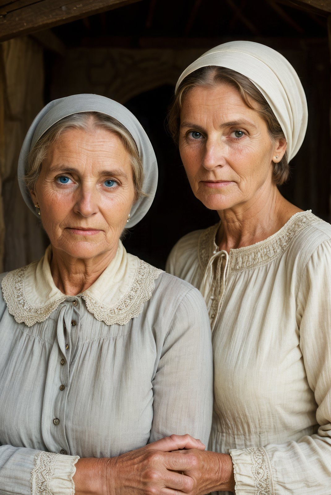 (raw photo), (peasant) older woman and young woman, lined up, (detailed facial features, detailed eyes), (blouse, long sleeves:1.2), headscarf, (village house interior), short haircut, (village:1.2), by Grant Wood