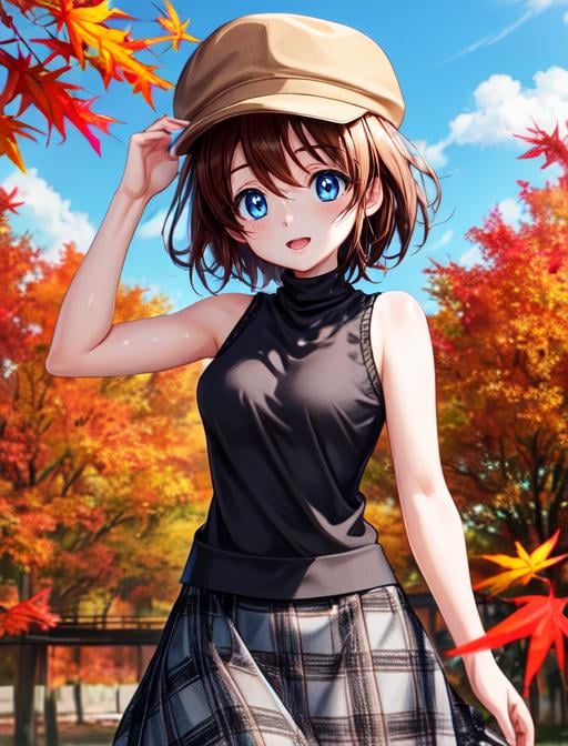 best quality, masterpiece, highres, detailed, digital artwork, <lora:Detail - add_detail:0.2>, HelgaHaruka, blue eyes, brown hair, short hair, brown hat, black sweater, sleeveless turtleneck, checkered skirt, <lora:Character - HelgaHaruka:0.8>,fall, ecstatic, long skirt,