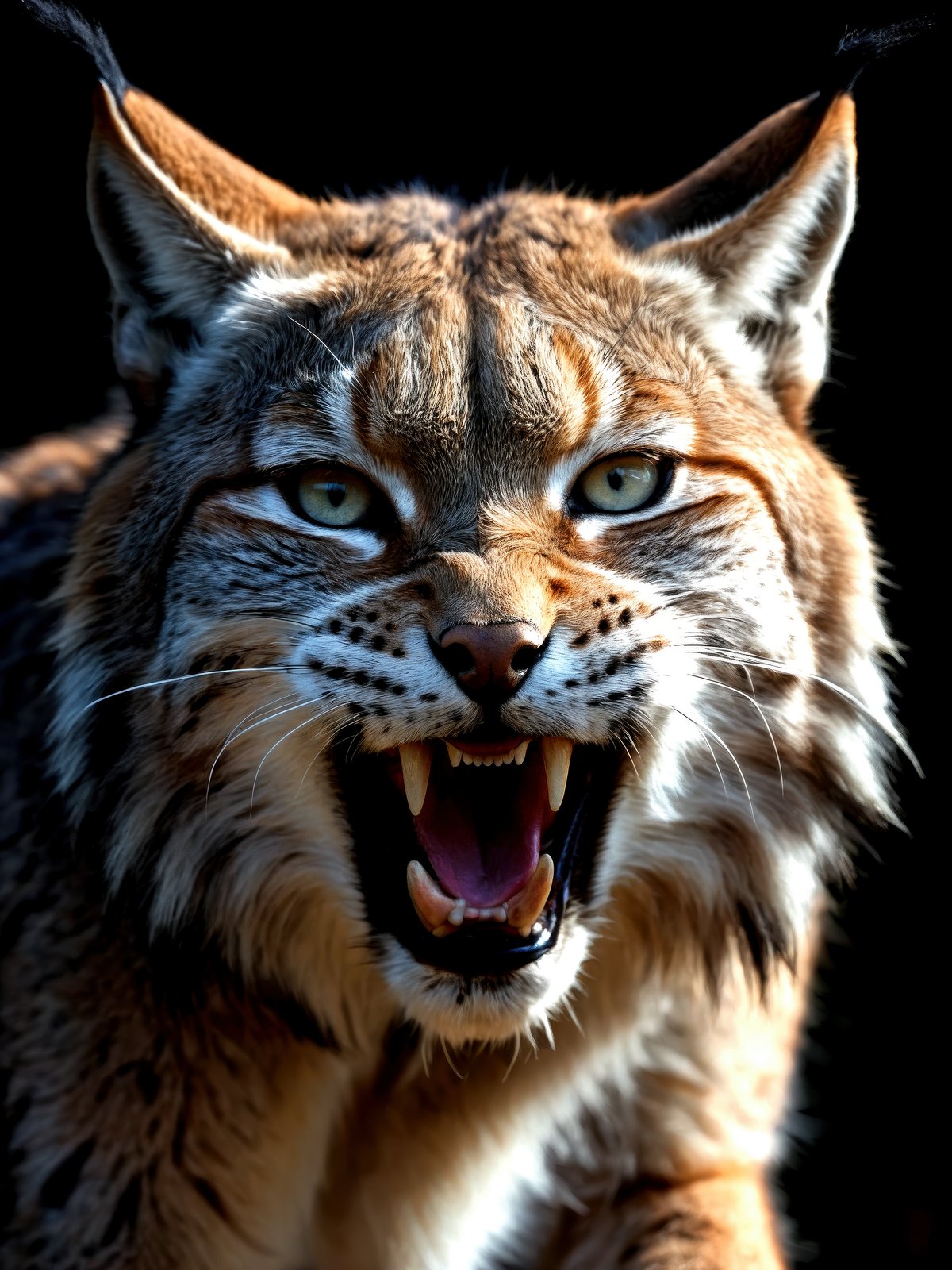 lynx, silver streaks, silver reflections, silver eyes, night, dark, moonlight, glowing silver eyes, black fur, snarl, aggressive snarl reflections, dark lighting, light rays, beams of light, realistic, high quality photo