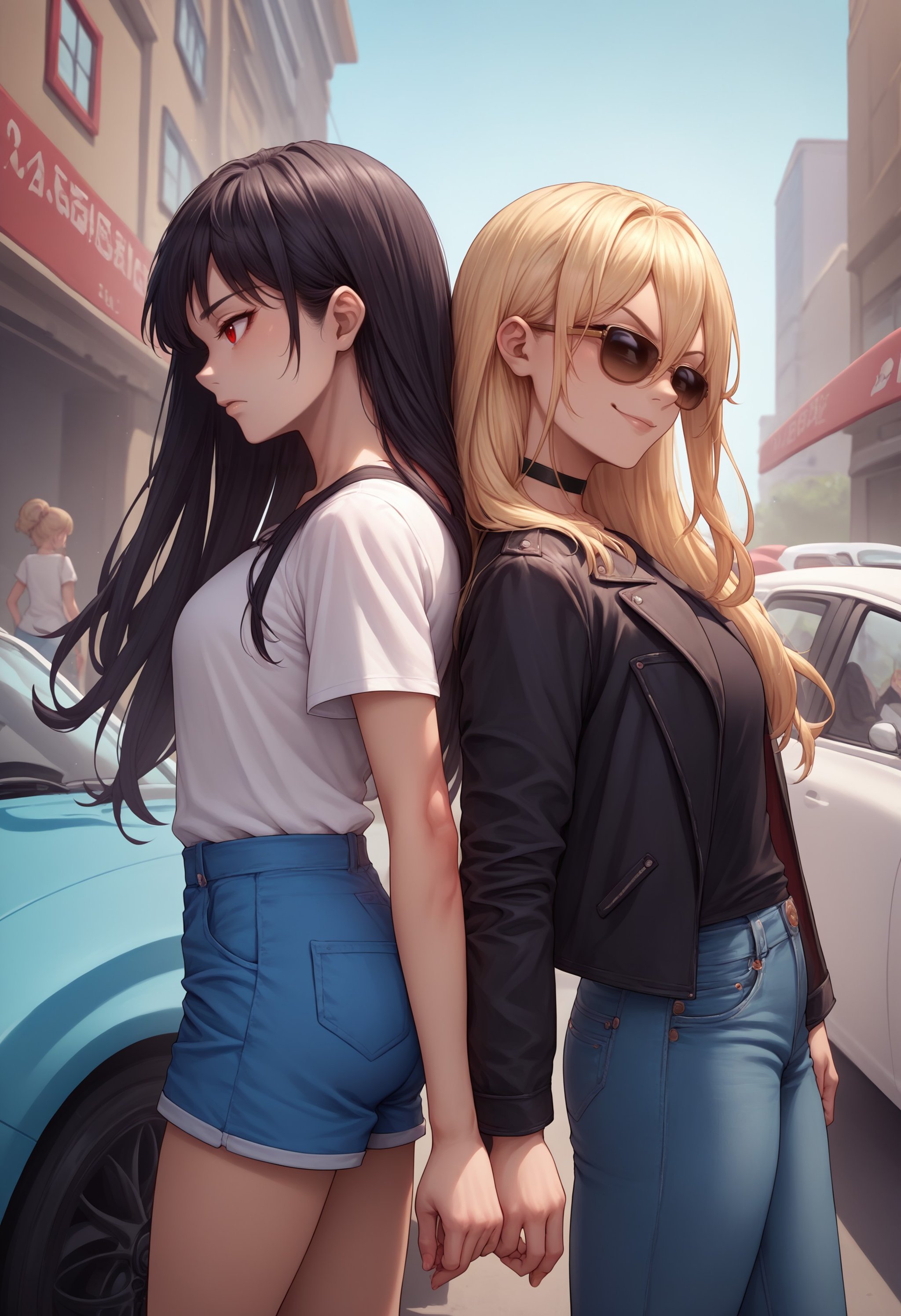 score_9, score_8_up, score_7_up, source_anime, 2girls, back-to-back, from side, <lora:BackToBack_XLPD:0.55>, cowboy shot, outdoors, car, street, sunlight, BREAK red eyes, black hair, long hair, white shirt, blue shorts, short shorts, short sleeves, BREAK sunglasses, blonde hair, long hair, smirk, black jacket, black choker, black shirt, jeans, open jacket, hair between eyes, 