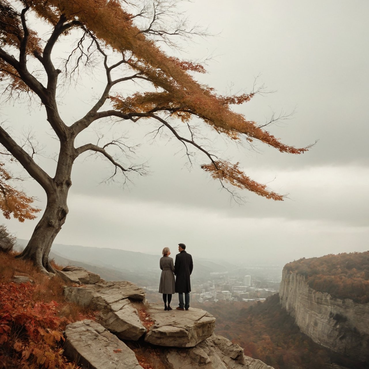 <lora:6544165416354654354:0.8> a couple standing on a high cliff under a large tree. The wind is blowing gently, causing leaves to fall from the tree and flutter around him. The atmosphere should be one of awe and solitude, with the cliff and the surrounding landscape adding a sense of grandeur and majesty. Use a balanced color palette that highlights the natural beauty of the scene and the man's contemplative stance, Minimalist, black and white colour, 8k