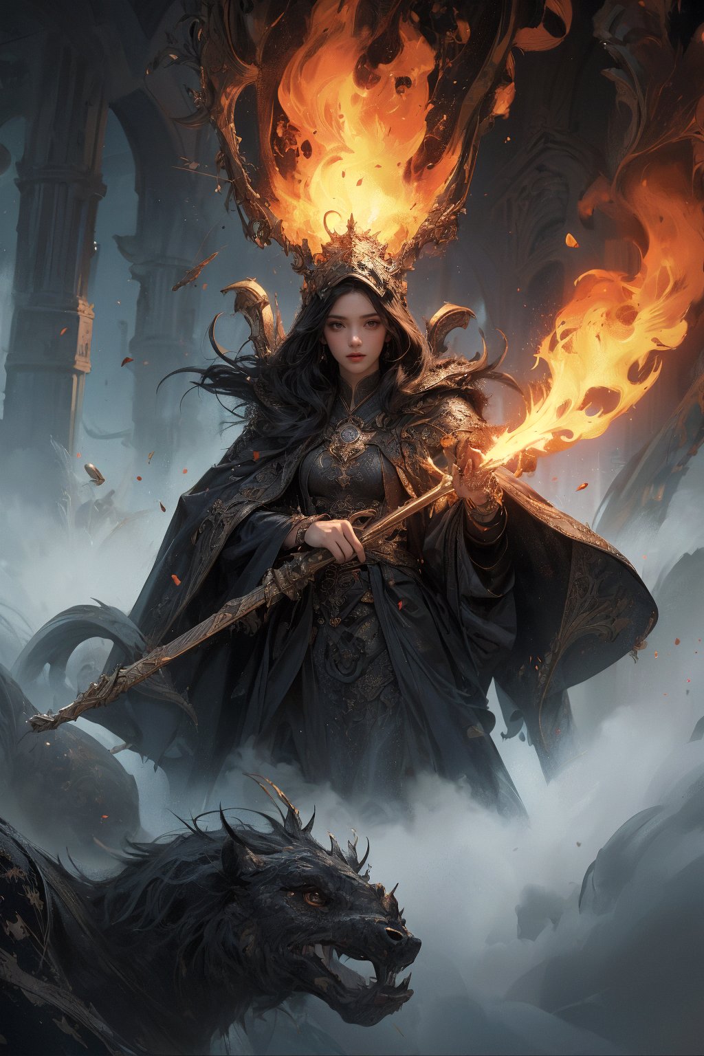 (a masterpiece of simulated film still quality:1.3),(fire_loong:1.5),(fire loong and black wizard duel:1.3),fierce flames,(wizards wearing black wizard robes:1.2),(rigorous and elegant composition:1.3),(45 tilt composition:1.3),(a dense fog:1.3),(fluid art texture presentation:1.2),extremely fine detail,(very artistic picture:1.2),depth scene,(epic scene:1.3),(8k, ultra-fine section, ultra-clear, official art:1.1),film noir,noise,panorama,(an atmosphere of gloom and horror:1.2),(dido_(magicc):1.4),