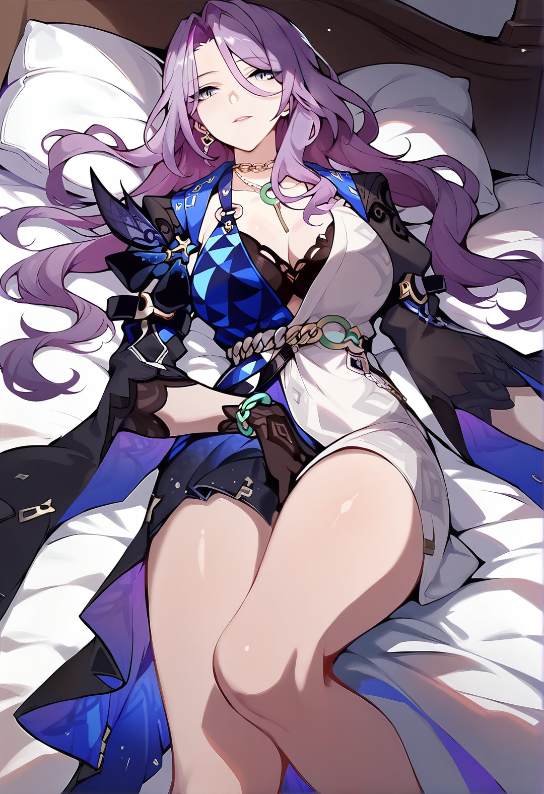 score_9, score_8_up, score_7_up, score_6_up, score_5_up, 1girl, solo, <lora:Jade HSR (v0.1):1>, large breasts, jade_(honkai:_star_rail), long hair, sexy attire, cleavage, necklace, purple hair, blue eyes, black long sleeves, gloves, lying on bed, on back, pillow, bedsheet,indoors, room, thighs, mature female, milf, two-tone dress, blue and white dress,