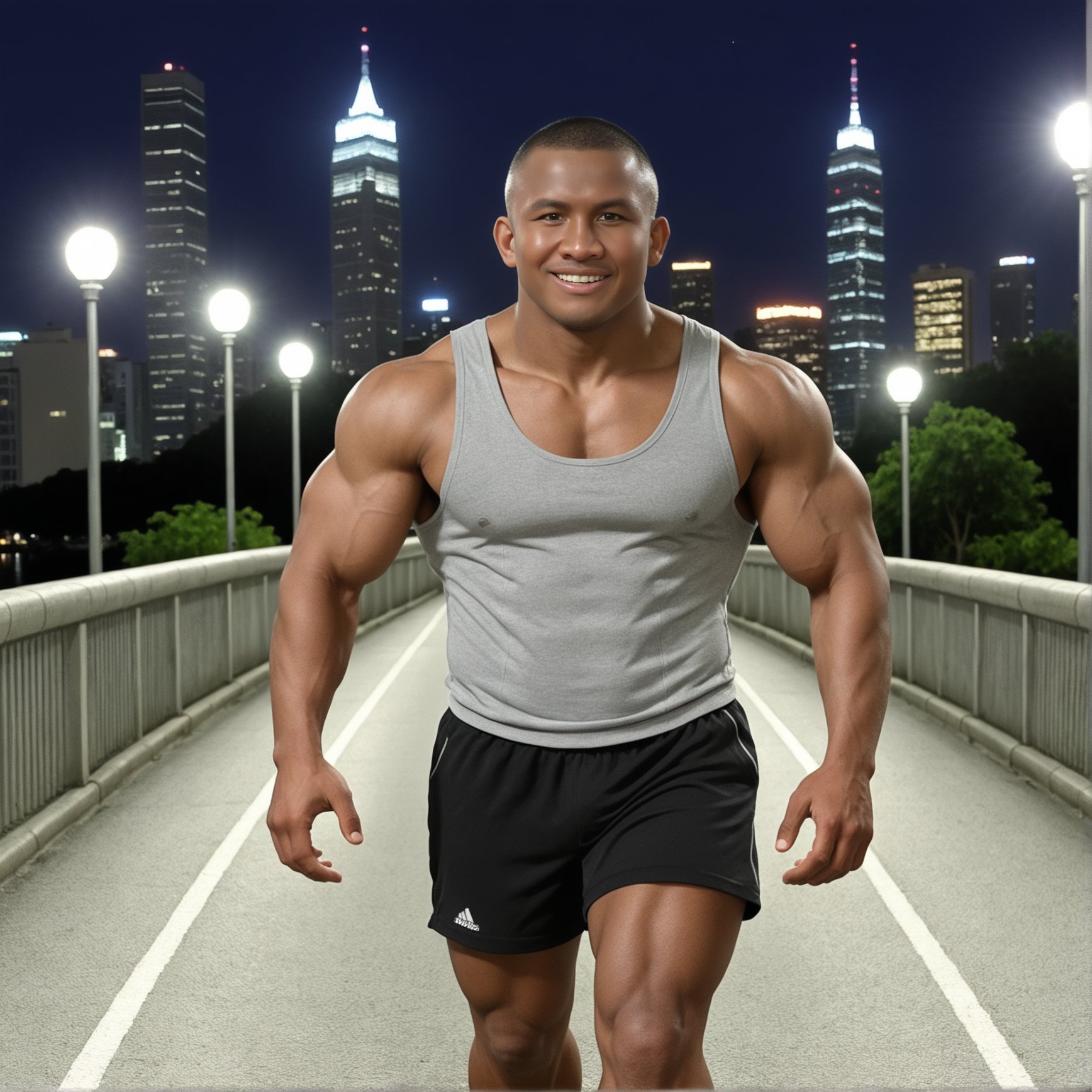 buakaw, dark skin male, mature male, jogging on the bridge at night, city skyline, tanktop, black shorts, anatomically correct, detailed eyes, detailed face, deep brown eyes, muscular, bodybuilder, huge pectorals, huge biceps, buzz cut, smile<lora:Buakaw Banchamek H5xl:0.6>