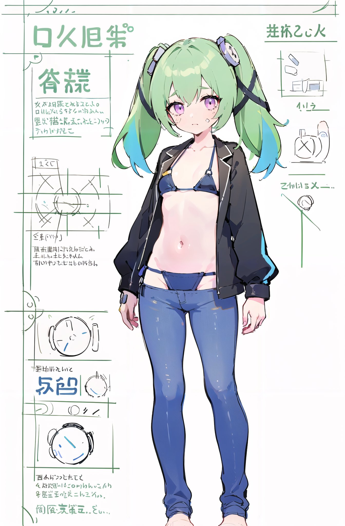 multiple views, pencil sketch, (sketch:1.25), (little girl,small breasts,), ((no shoes)), shy, best quality, graphite \\(medium\\), ske, gradient, rainbow, note, Line draft, highres, absurdres, (ultra-detailed:1.1), (illustration:1.1), (infographic:1.2), pajamas, (all clothes configuration:1.15), (solo), perfectly drawn hands, standing, cohesive background, paper, action, (character design:1.1), <lora:Bikini Jeans 服装:1>, bikini jeans, <lora:corin-v100-000028:0.75:lbw=OUTALL>, corin, 1girl, twintails, long hair, green hair, bandaid on leg, 