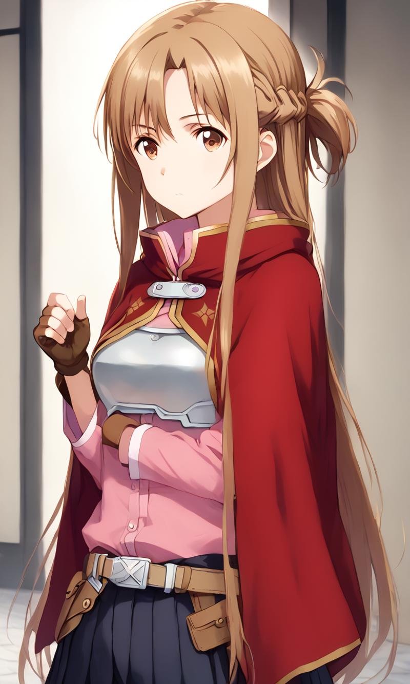 <lora:sdxl-sao-asuna-pony:0.8> asuna, sao, 1girl, solo, brown eyes, brown hair, long hair, bangs, medium breasts, french braid +++ breastplate, pink long sleeves shirt, belt,  black pleated skirt, zettai ryouiki, gray boots, fingerless gloves, red cape +++ rapier