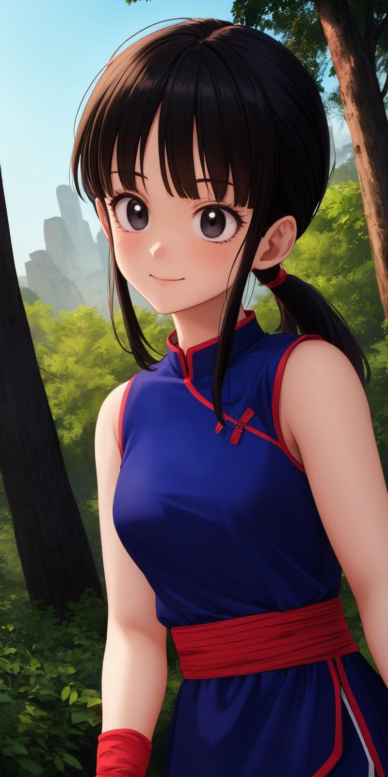 chichi, 1girl, solo, black eyes, black hair, blunt bangs, ponytail, sidelocks,china dress, blue dress, sleeveless, red sash, wristband, bare shoulders, smile,closed mouth,cowboy shot,forest,outdoor,(insanely detailed, beautiful detailed face, masterpiece, best quality) cinematic lighting,<lora:DB_ChiChi_v2:1>, <lora:more_details:0.3>,