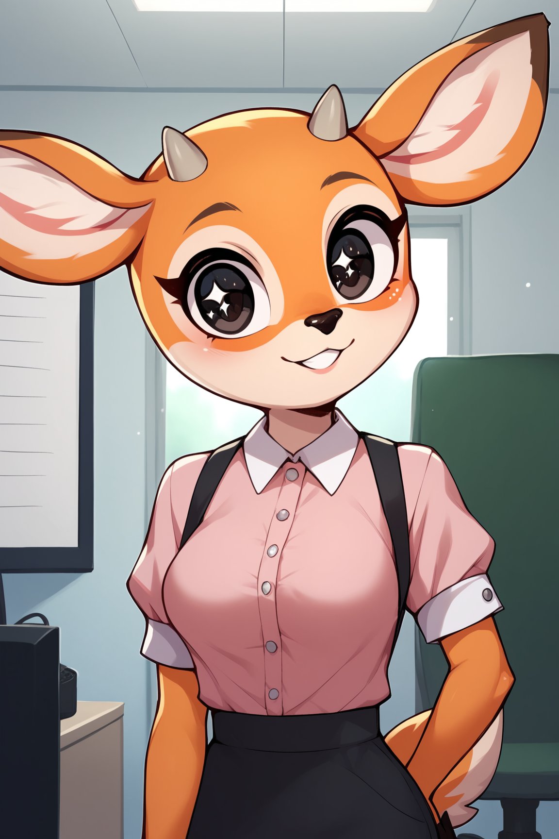 score_9, score_8_up, score_7_up, score_6_up, score_5_up, score_4_up, TsunodaAOXL, anthro furry, furry female, orange fur, two-tone fur, big eyes, black eyes, sparkling eyes, snout, deer ears, grey short horns, tail, medium breasts, pink blouse, short sleeves, fron view, (portrait, upper body), seductive smile, looking at viewer, interior, office <lora:TsunodaAOXL:0.8>