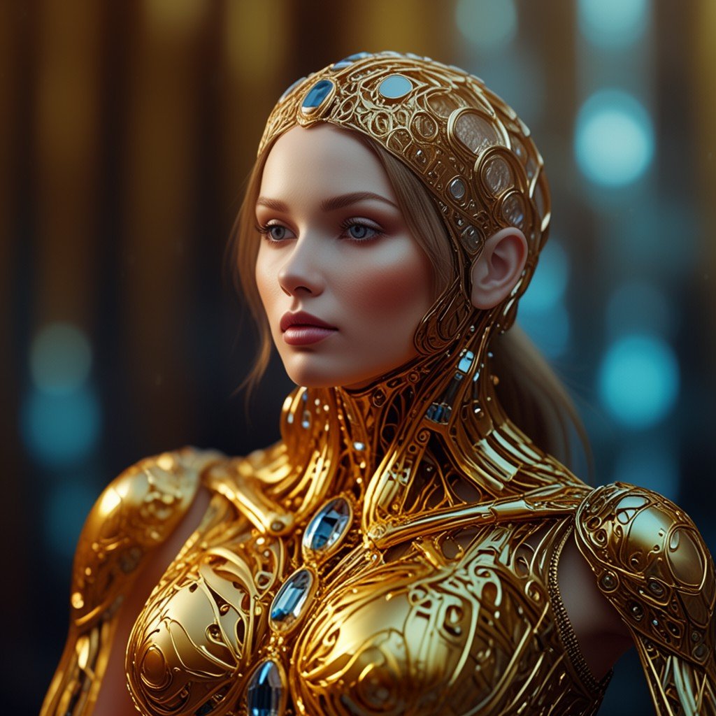 goldintricate This is a highly detailed,  digital CGI artwork depicting a futuristic,  cybernetic woman with a golden by a...