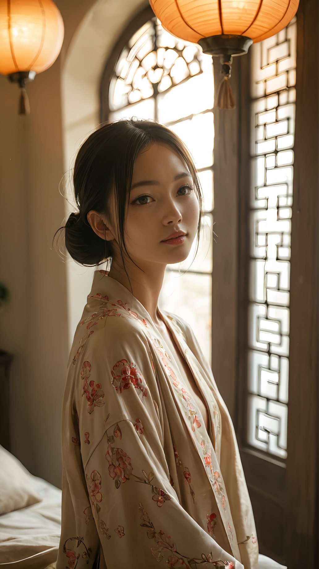 (score_9,score_8_up,score_7_up),(hanfu:1.2),18-year-old chinese girl,realistic,cure beauty,oval face,(freckles:0.6),Cinematic Lighting,golden moment,backlight,cinematic_angle,