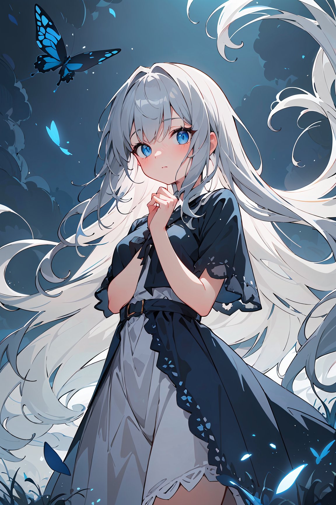 A captivating,  dreamlike anime girl standing on a fantastical night landscape filled with swirling shades of dark blue,...