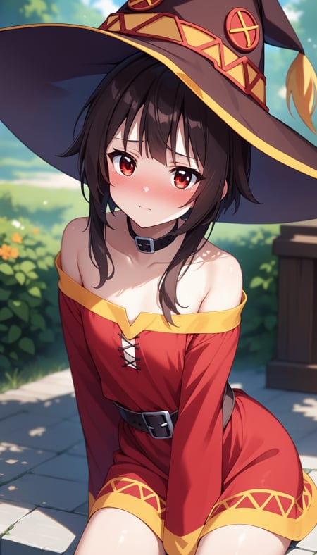 score_9, score_8_up, score_7_up, intricate details,1girl, solo, Megumin, red dress, red eyes, witch hat, nose blush, shy, looking at viewer,