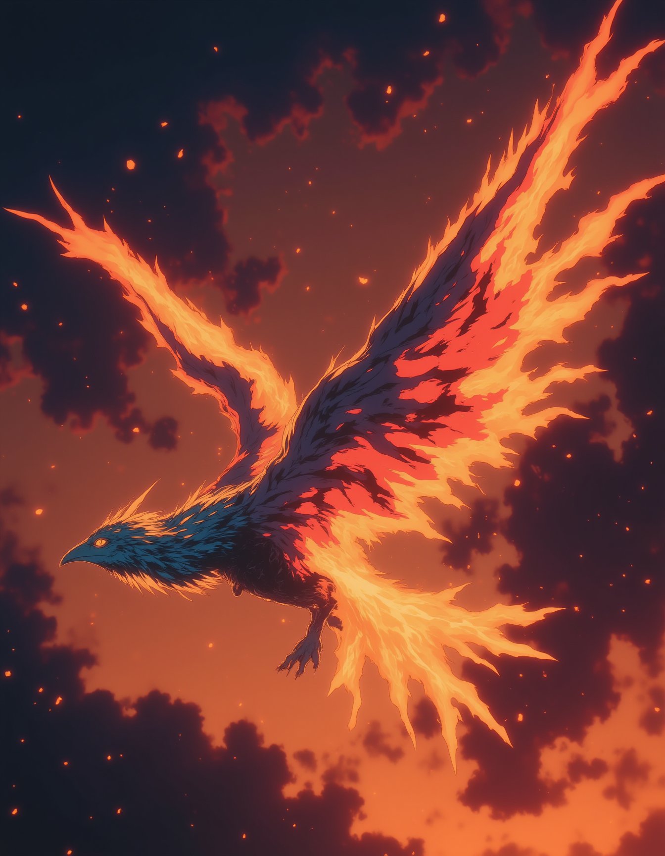 A phoenix soaring through a sky ablaze with the colors of dawn, leaving a trail of fire and sparks in its wake., <lora:NeonFantasyFLUX:0.8> ne0nfant4sy,