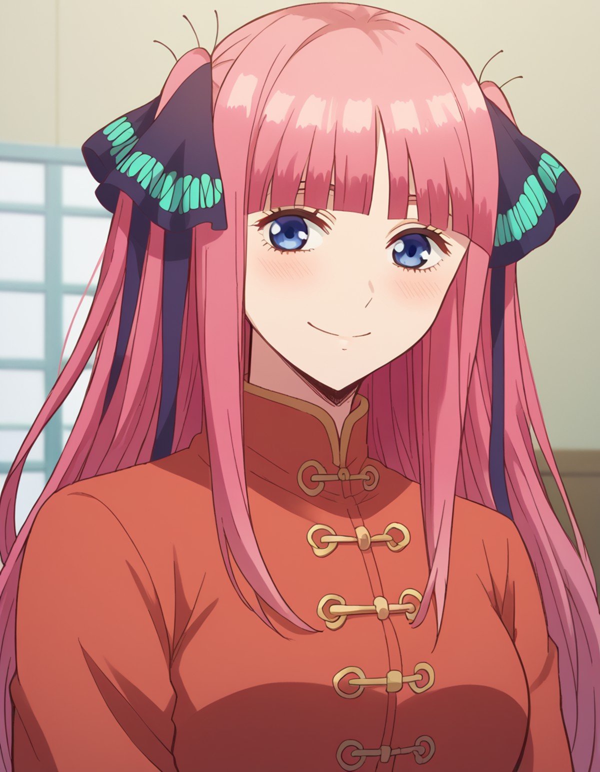 score_9, score_8_up, score_7_up, source_anime, ninonakano, <lora:nino-nakano-s1-ponyxl-lora-nochekaiser:1>, nino nakano, long hair, bangs, blue eyes, hair ornament, hair ribbon, pink hair, blunt bangs, two side up, butterfly hair ornament, mature female,, <lora:tangzhuang-ponyxl-lora-nochekaiser:1>, tangzhuang, chinese clothes,, indoors, smile, blush,, full body, dutch angle, looking at viewer,