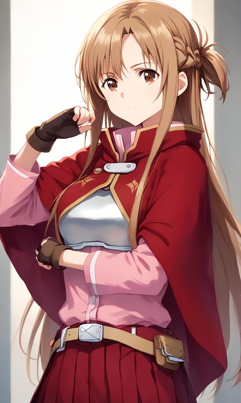 <lora:sdxl-sao-asuna-pony:0.8> asuna, sao, 1girl, solo, brown eyes, brown hair, long hair, bangs, medium breasts, french braid +++ breastplate, pink long sleeves shirt, belt,  black pleated skirt, zettai ryouiki, gray boots, fingerless gloves, red cape +++ drawing, holding rapier