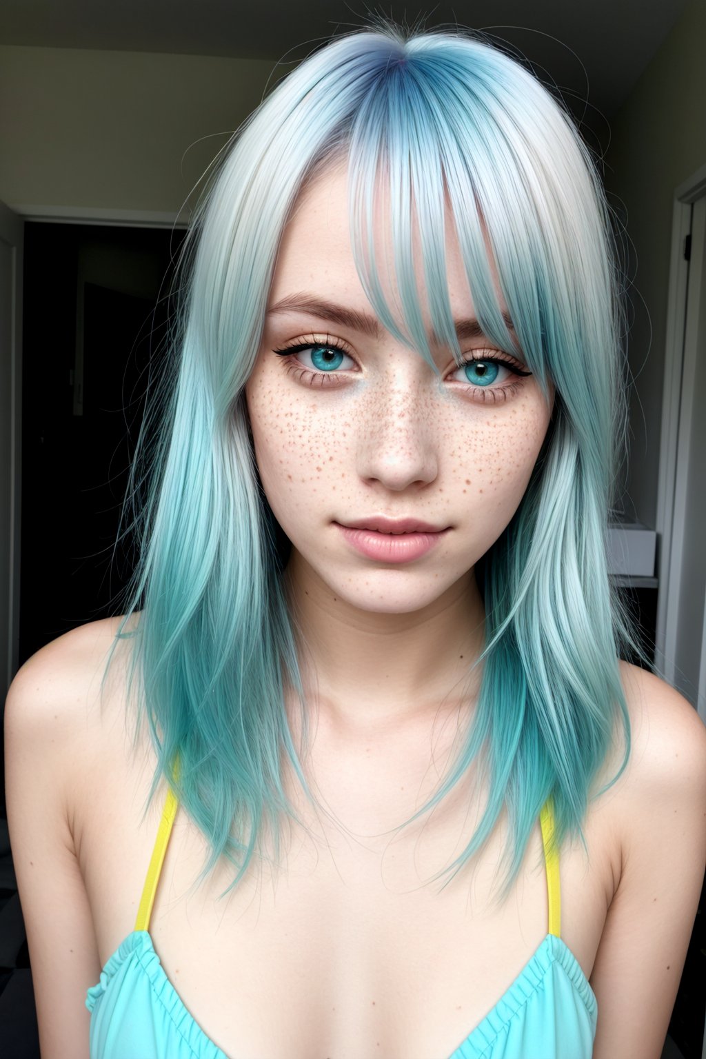 Photo of a young woman with cyan hair, natural-looking, yellow eyeshadow, pale skin, freckles