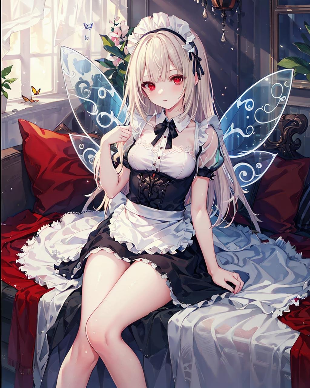 masterpiece, best quality, illustration, highres, ray tracing, ultra-detailed, beautiful lighting,<lyco:GoodHands:1.0>,1girl, chromatic aberration,<lyco:ariaV1:0.7>, aria, red eyes, (transparent fairy wings:1.2), transparent butterfly wings, (see-through wings, transparent wings:1.2),(maid:1.4), solo, expressionless, bare arms, thighs, breasts, bare legs, sitting,cowboy shot, indoors