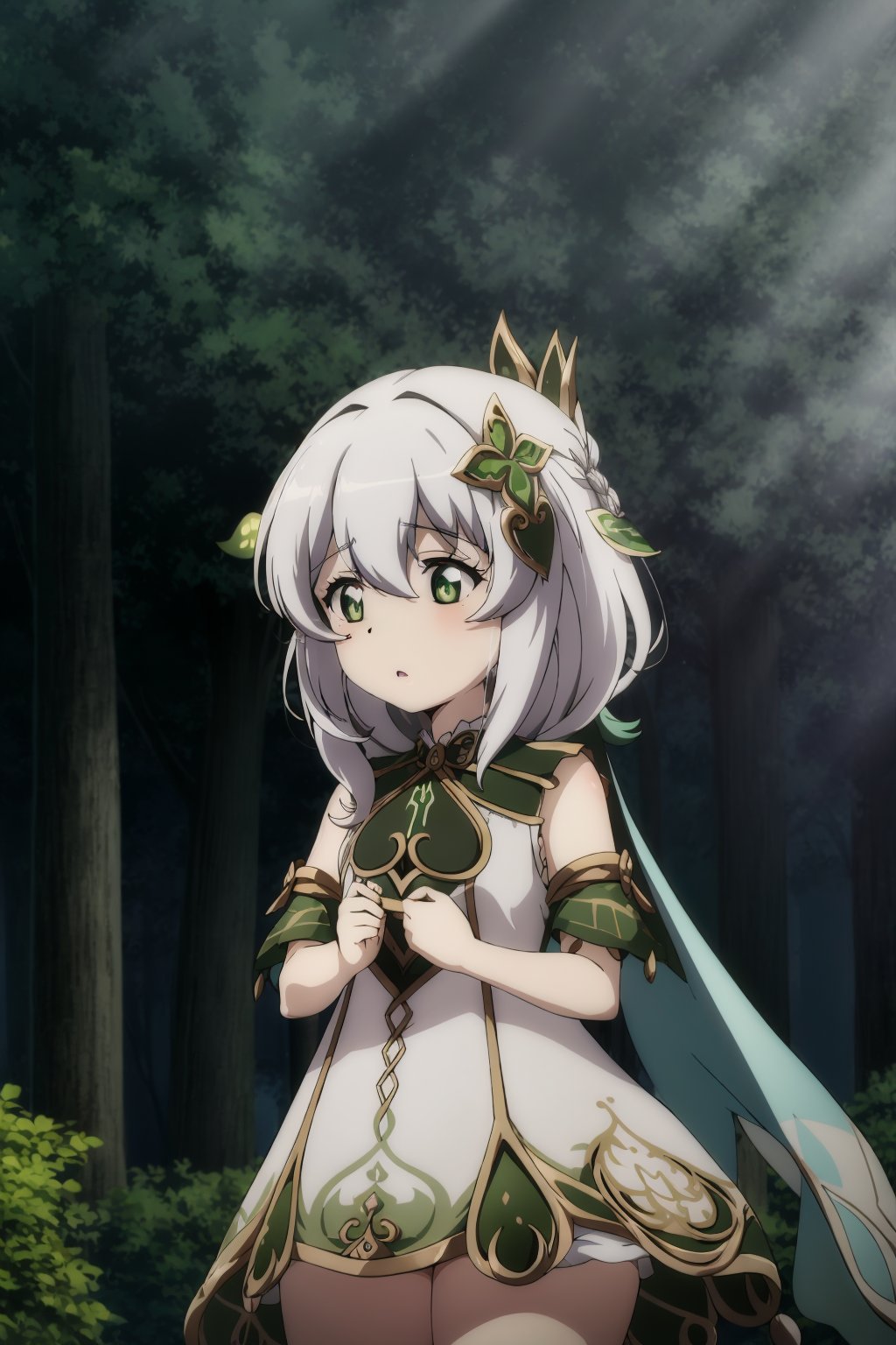 masterpiece, best quality, <lora:tgm-v2:1>,pixiv,  <lora:nahida:1>,1girl,solo,cowboy shot, nahida \(genshin impact\), white hair,hair ornament, bare shoulders, white dress,detached sleeves, outdoors,forest, 