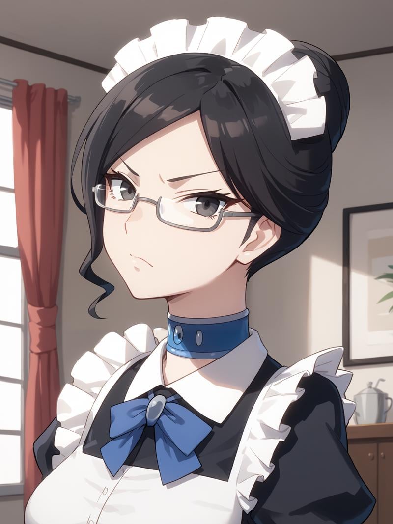 score_9, score_8_up, score_7_up, score_6_up, score_5_up, score_4_up, alpha_Black_white_maid_uniform, yurialpha, solo, looking_at_viewer, closed_mouth, frown, white_maid_headdress, rimless_eyewear, blue_choker, blue_bowtie, puffy_sleeves, upper_body, portrait, from_side, close-up, indoors,  <lora:Alpha_V1SDXL:1>