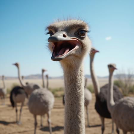 cinematic film still of In the African jungle a close up of an ostrich's head with other ostriches in the background,  rea...