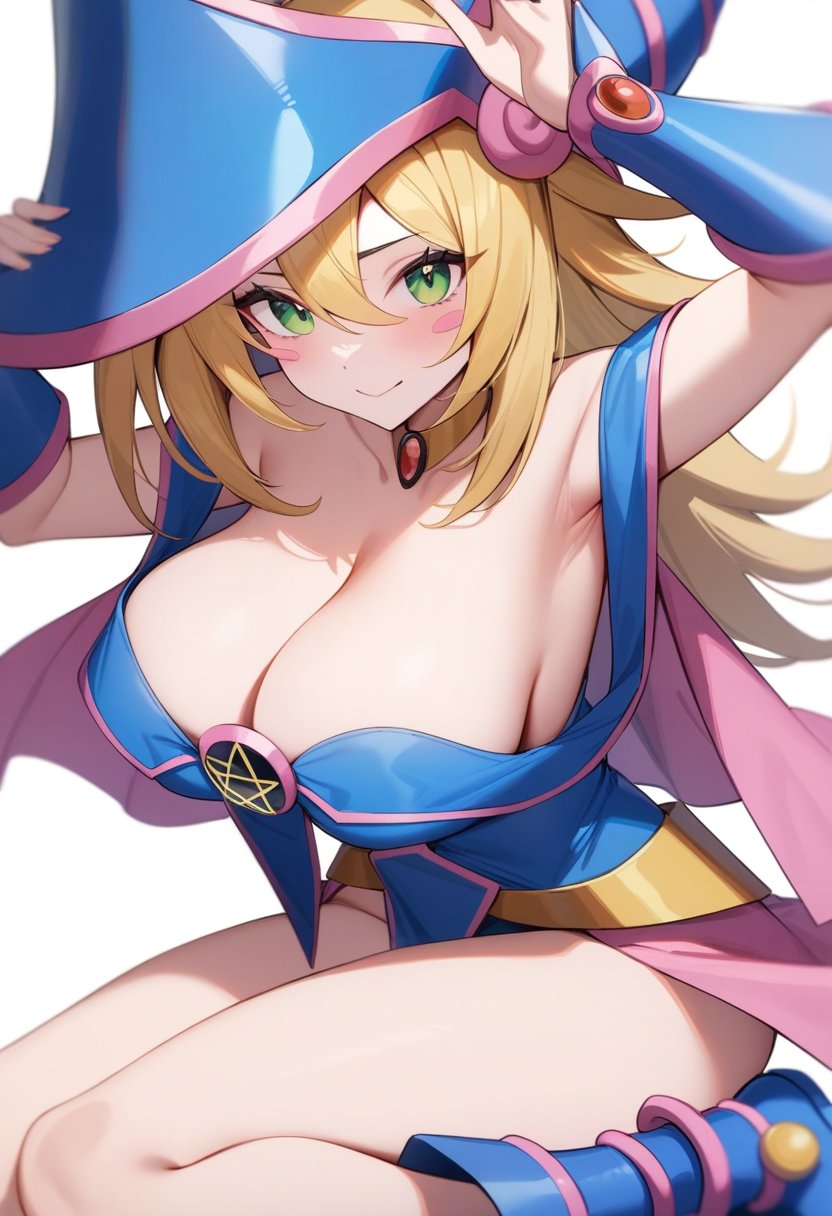 masterpiece,best quality,very aesthetic,absurdres,<lora:dark_magician_girl:1>,, dark_magician_girl,blonde_hair, duel_monster, 1girl, long_hair, green_eyes, bare_shoulders, wizard_hat, large_breasts, cleavage, blush_stickers, hair_between_eyes, blue_footwear, pentacle