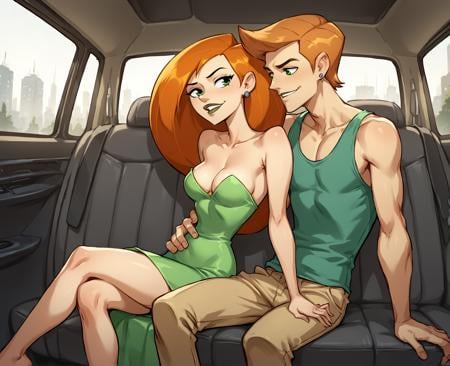 score_9, score_8_up, score_7_up, source_cartoon BREAK 1girl, 1boy, hetero, car interior, kim possible, hand on another's waist, dress, bare shoulders, perky breasts, cleavage, medium breasts, orange hair, green eyes, earrings, ron stoppable, sitting, from front, smile, <lora:Car_back_seat_front_view:1>, rating_questionable 